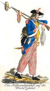 Die Abbildung zeigt einen französischen Soldaten. Er trägt eine blau-gelbe Uniformjacke mit roten Schulterstücken und Ärmelaufschlägen. Außerdem eine rot-weiß gestreifte Hose, die ihm bis zu den Knöcheln reicht. Er hat ein Gewehr geschultert.